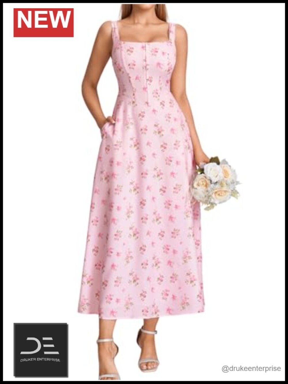 Floral Corset Midi Dress Lace Up Hook Eye Flowy Milkmaid Wedding Guest